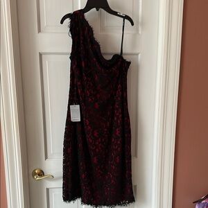 Tadashi Shoji Black and Red Asymmetrical Embellished Cocktail Dress